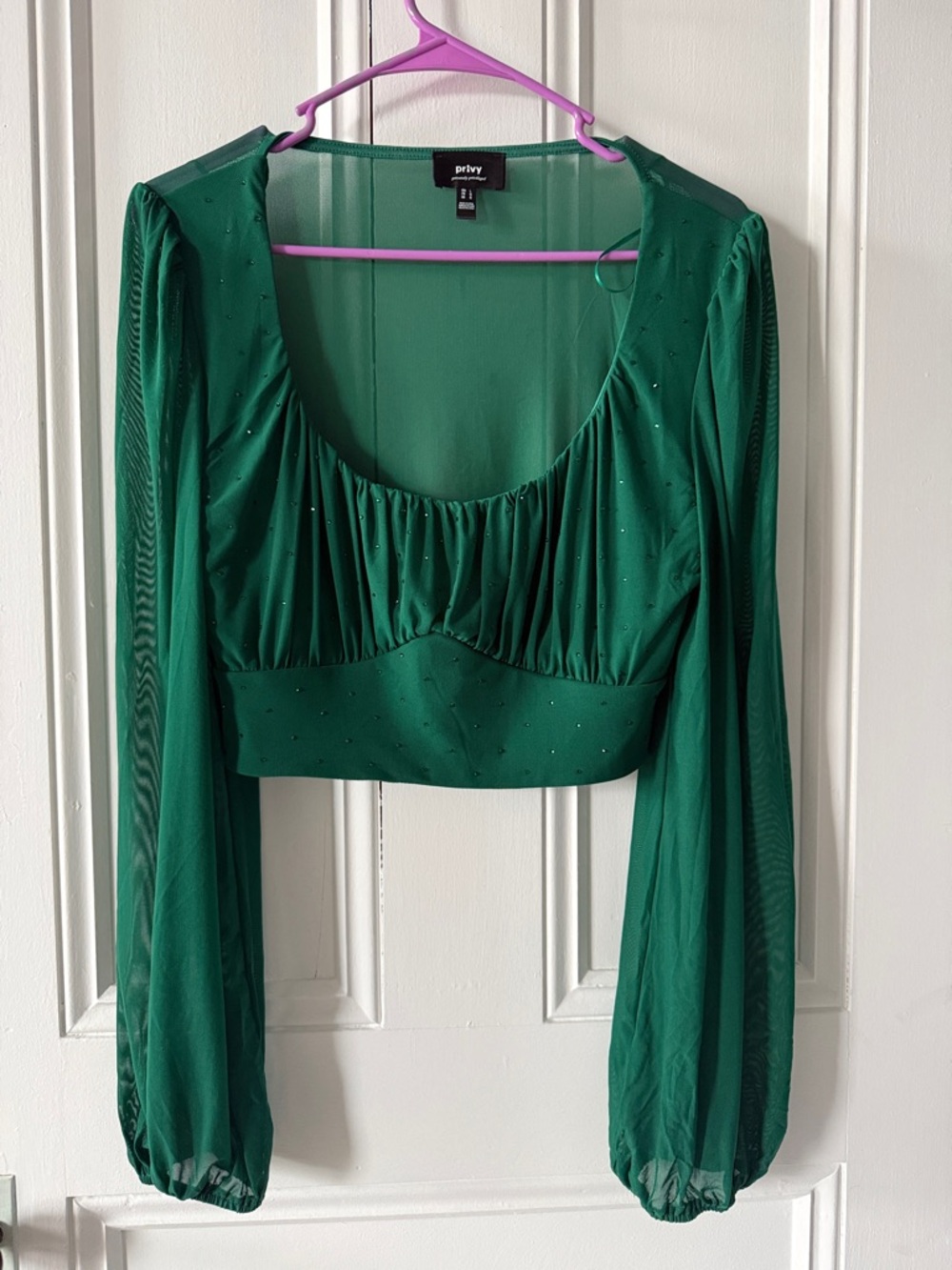 privy Emerald Green Sheer Long Sleeve Crop Top